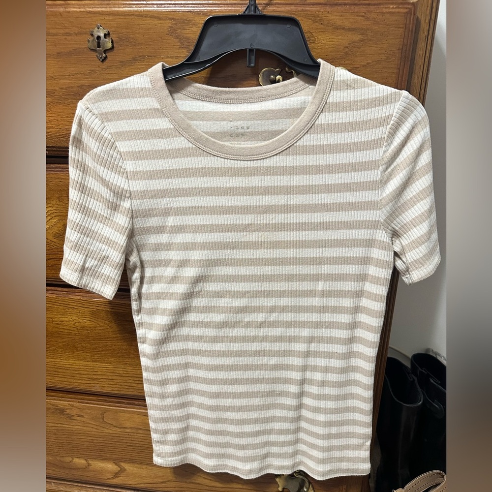 a new day Beige Striped Short Sleeve Top